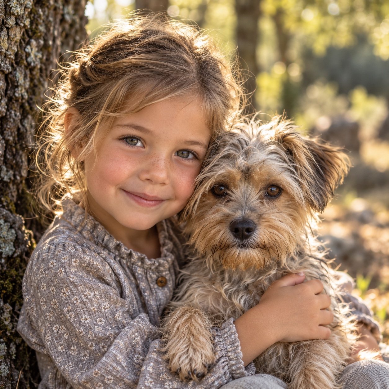 Enfant tenant un petit chien en extérieur, illustration créée par IA