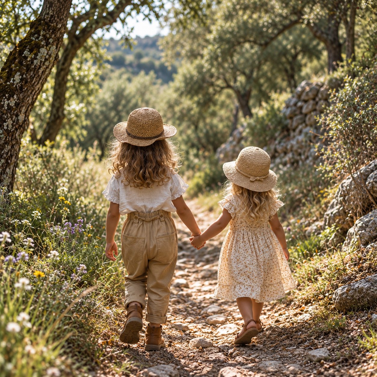 Deux enfants sur un sentier, illustration créée par IA