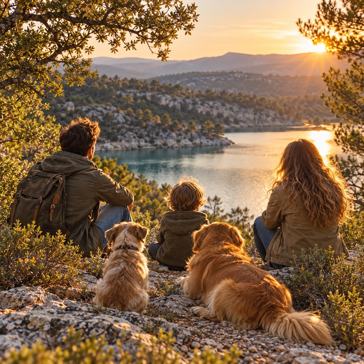 Famille et chiens au bord d’un lac, illustration créée par IA