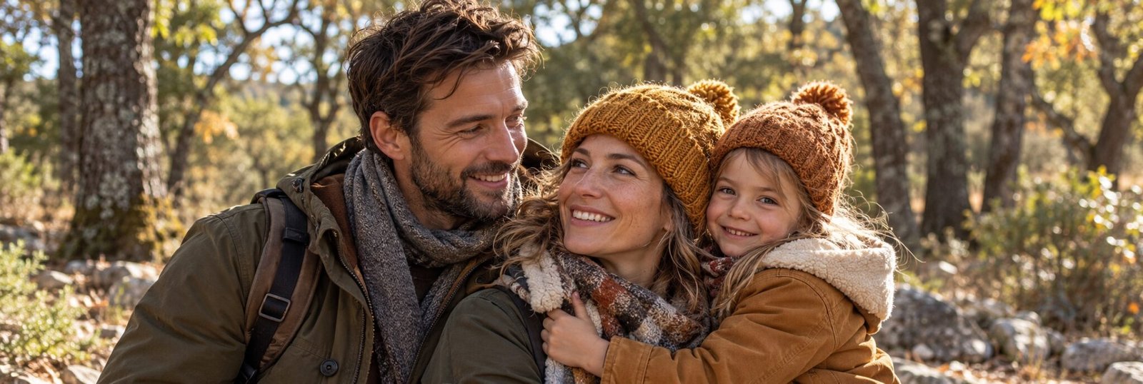 Famille de trois personnes dans un bois de chênes, illustration créée par IA
