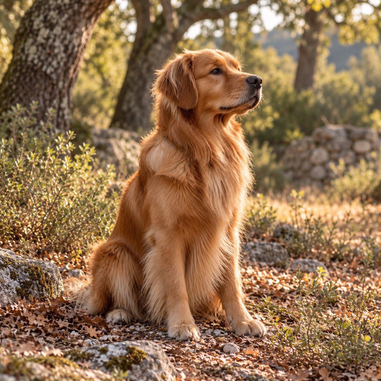 Golden retriever sous les chênes, illustration créée par IA